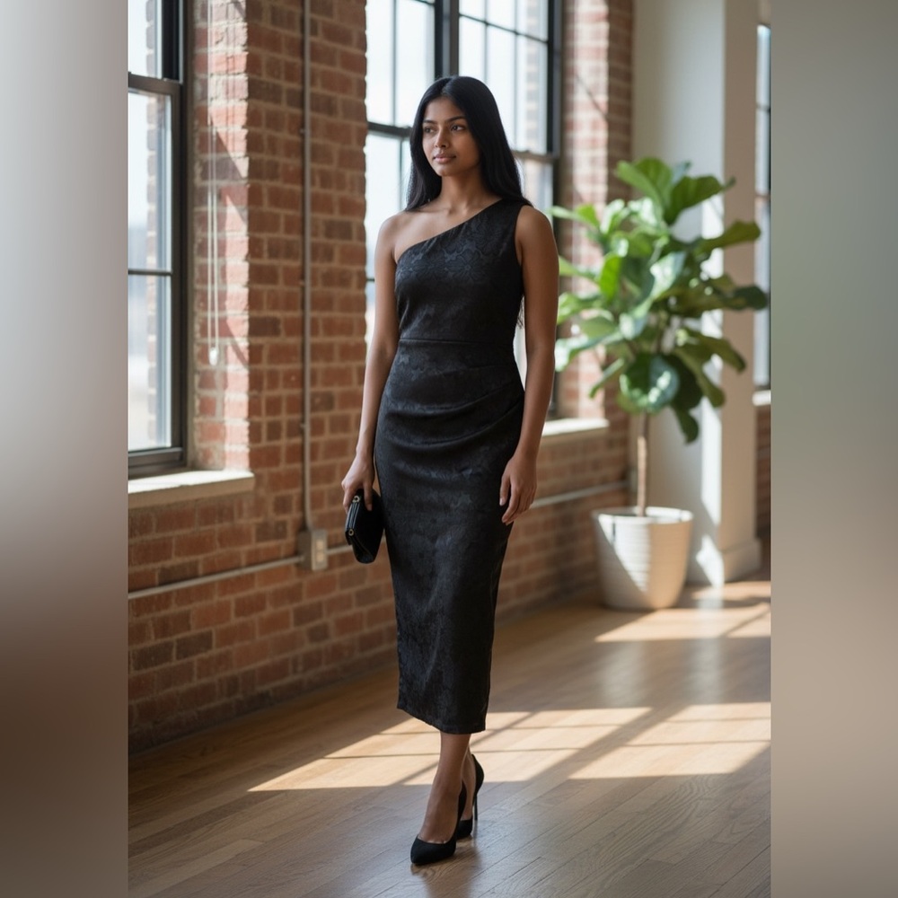 One shoulder sheath maxi dress black damask floral whimsigoth glam - small